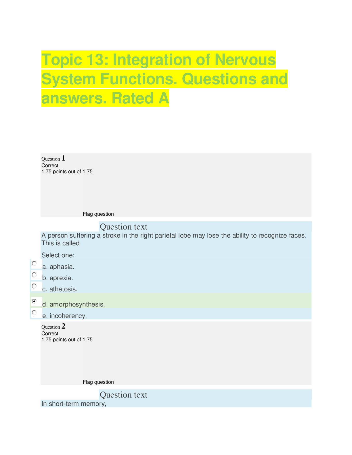 Preview image for Topic 13: Integration of Nervous System Functions. Questions and answers. Rated A